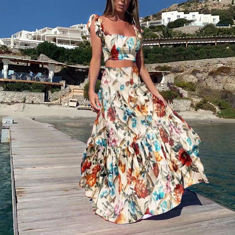 Conjunto de dos piezas de vestido sin mangas con estampado bohemio sexy para mujer de verano