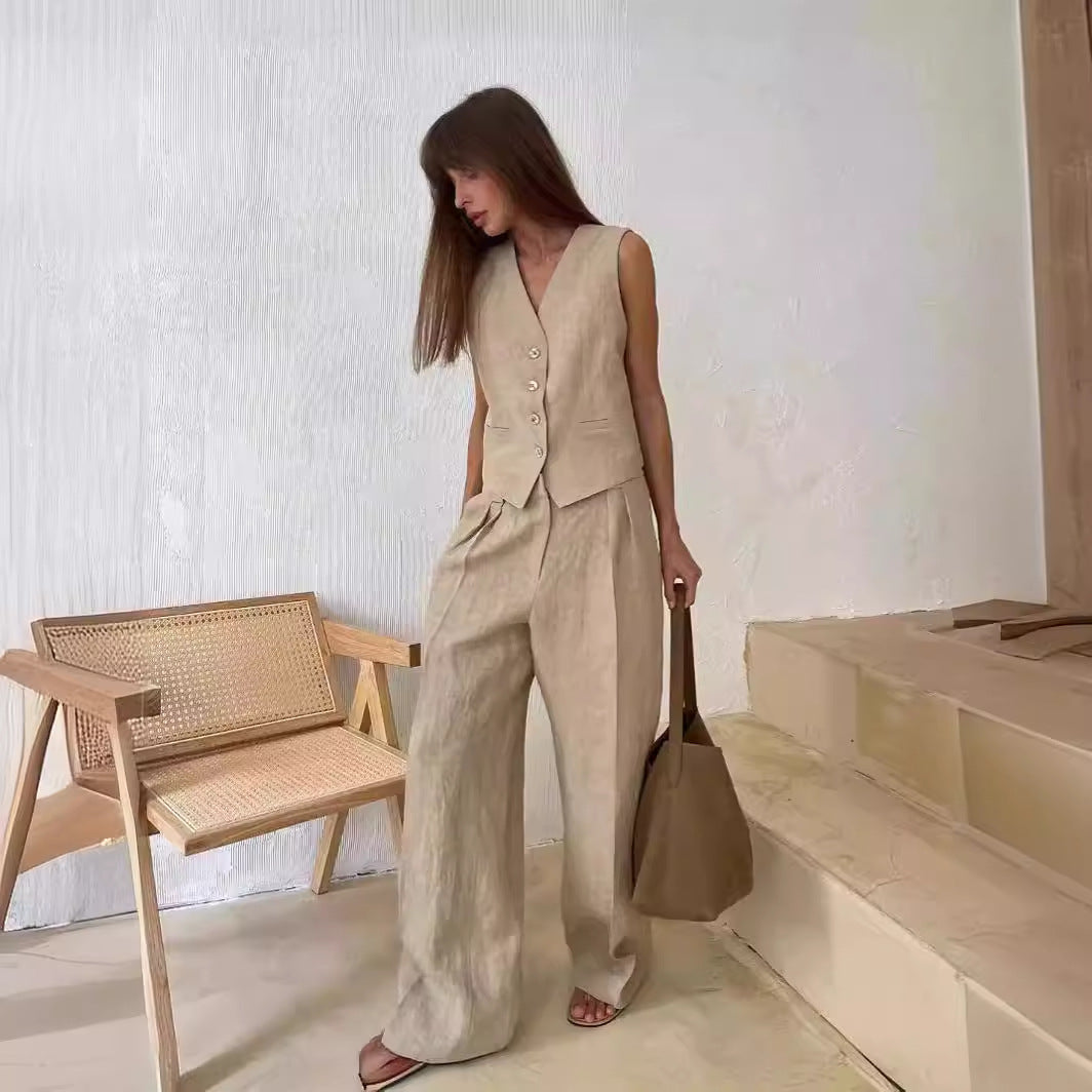 Conjunto de dos piezas formado por chaleco y pantalón informal, para primavera y verano, sin mangas, para mujer