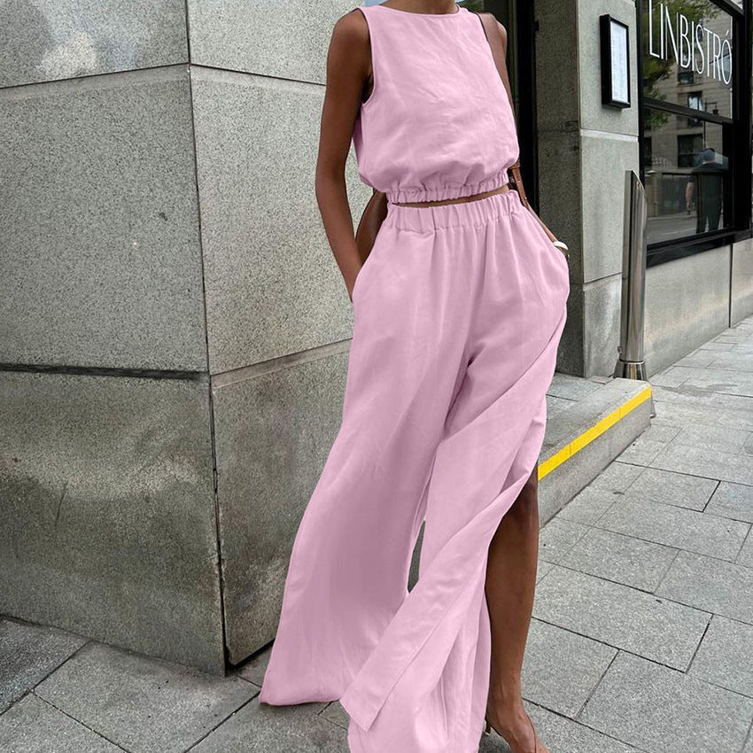 Chaleco sin mangas de algodón y lino con pantalones de pierna ancha divididos, traje de primavera y verano de dos piezas para mujer