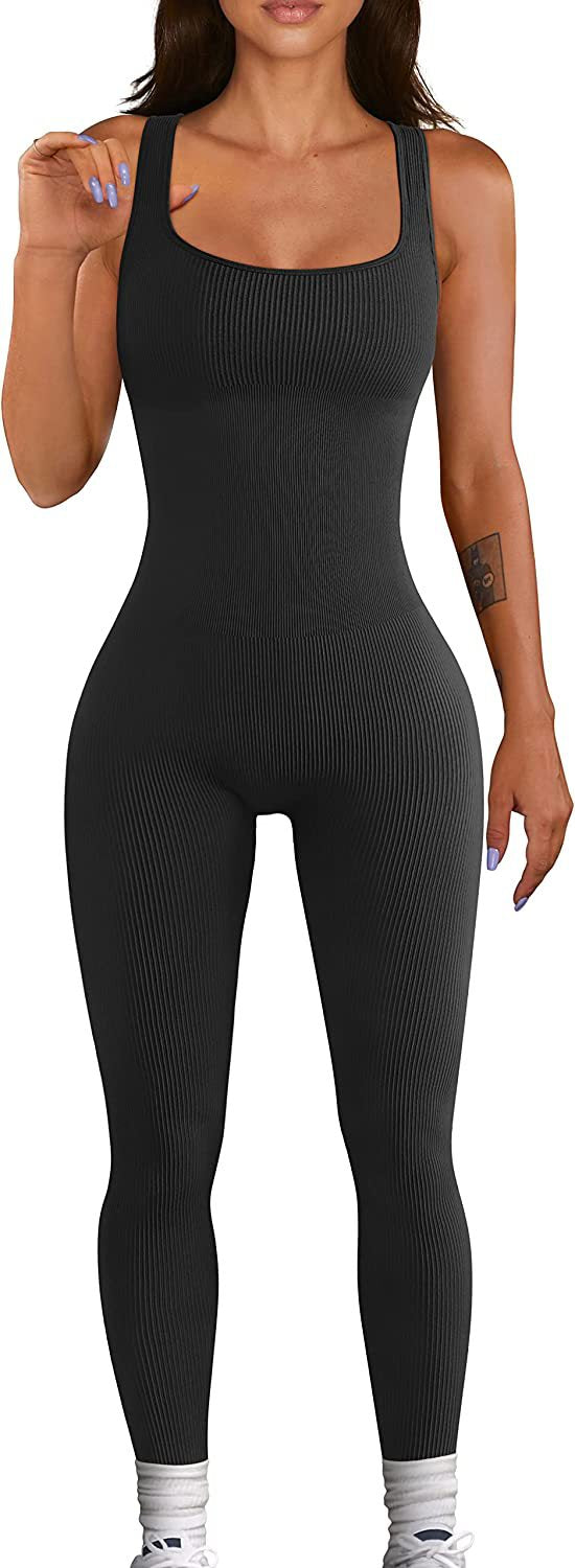 Mono de yoga sexy de verano para mujer, mono deportivo sin mangas con cuello cuadrado acanalado y pantalones