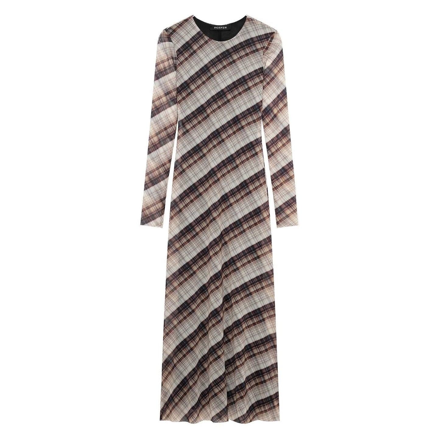 Vestido de mujer de cuello redondo, suelto, informal, a cuadros, de red de seda y manga larga