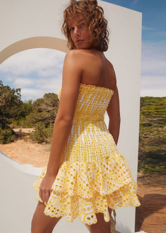Zaria Strapless Ruffle Mini Dress – Smocked Yellow Eyelet
