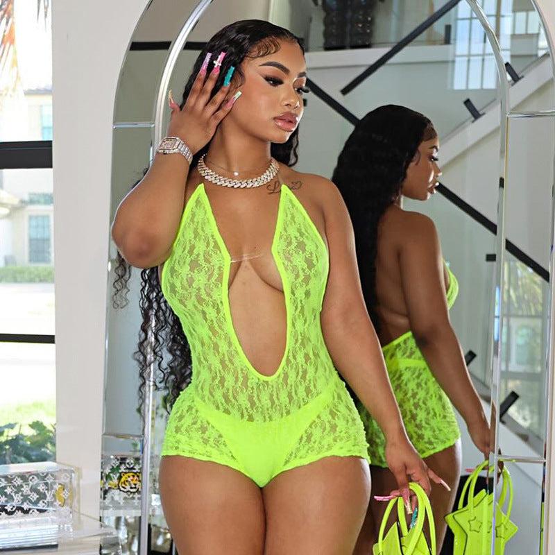 Ropa de mujer Verano Sexy Encaje Ahuecado Recorte Transparente Halter Espalda Descubierta Mono