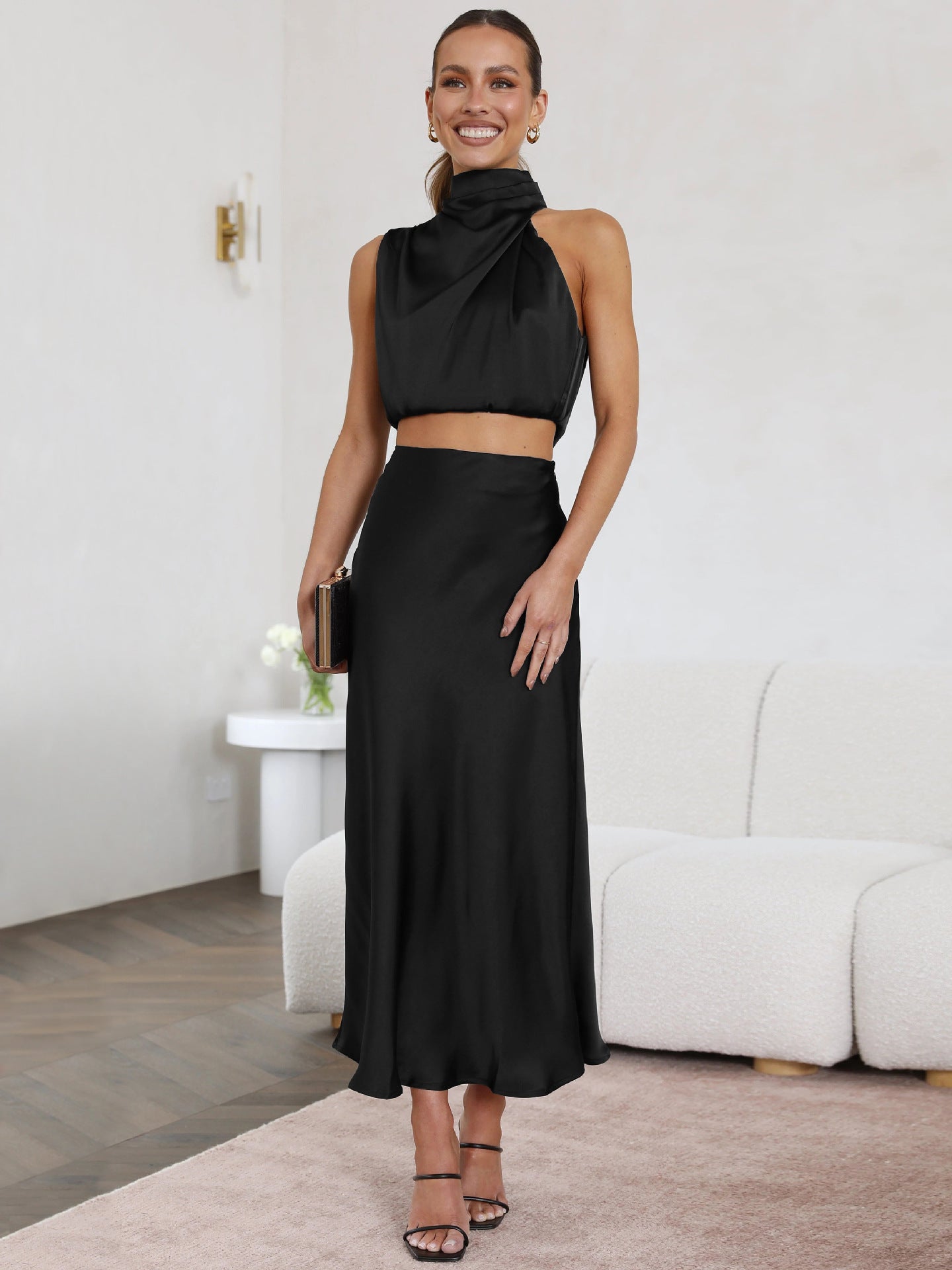 Ropa de verano para mujer, conjunto informal con falda drapeada y bufanda sexy, vestido de noche para mujer