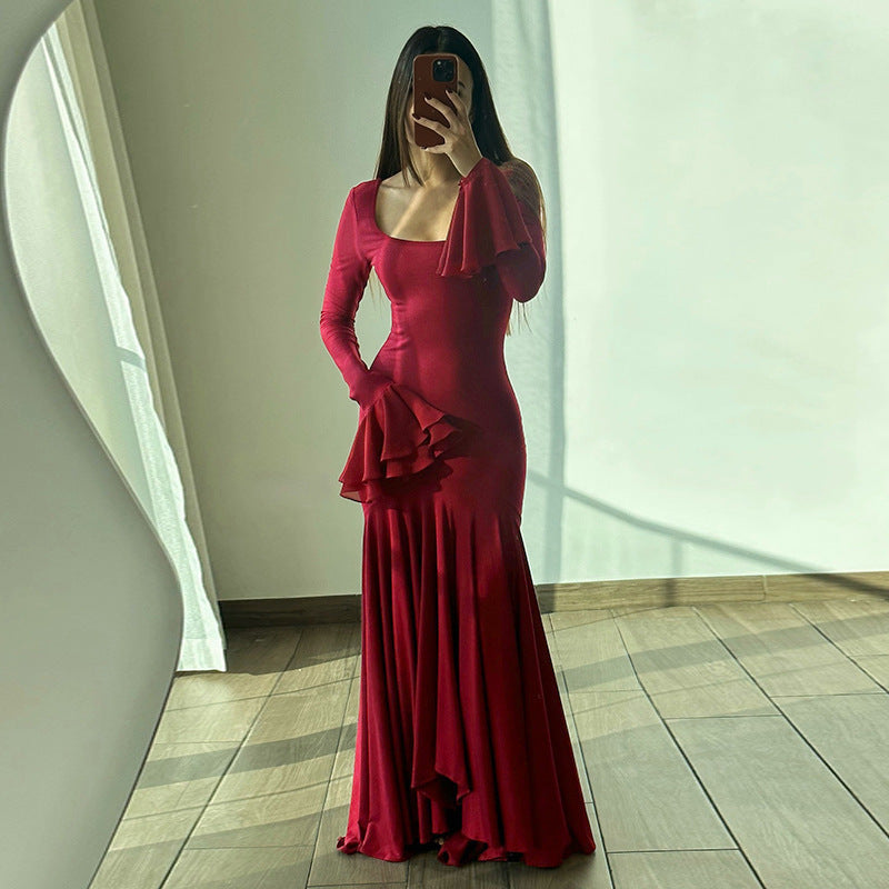Vestido elegante de otoño de estilo socialité, sexy, ajustado, con dobladillo con volantes y manga larga para mujer