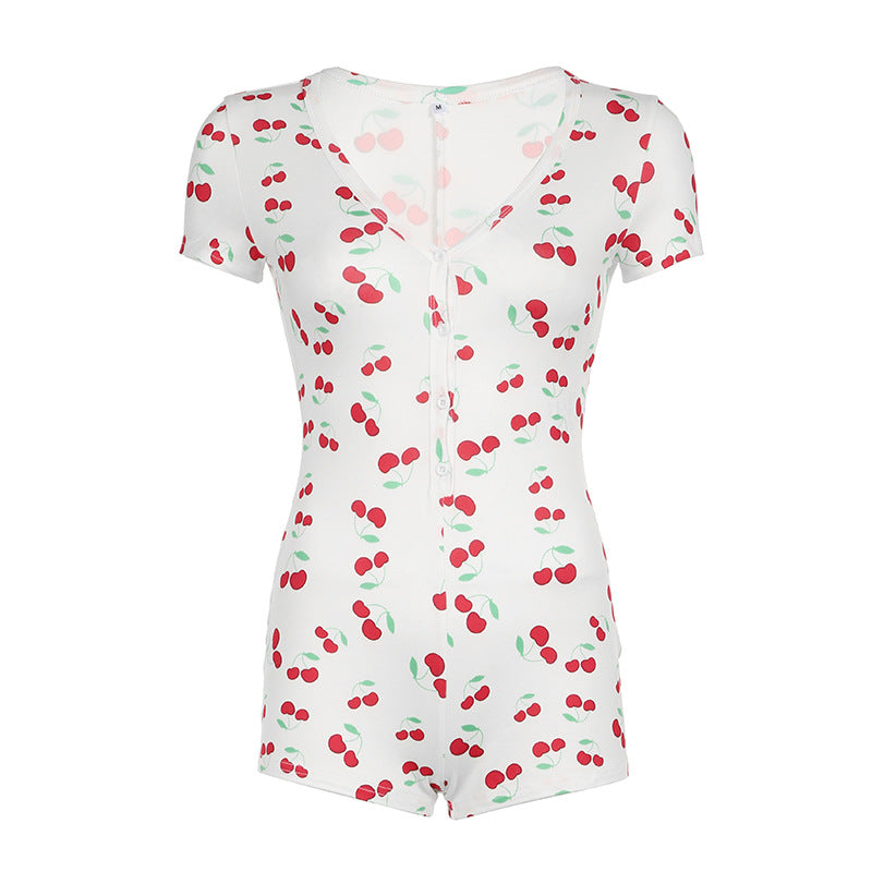 Mono sexy de manga corta con escote en V profundo y cuello halter, cómodo y ajustado para estar en casa.