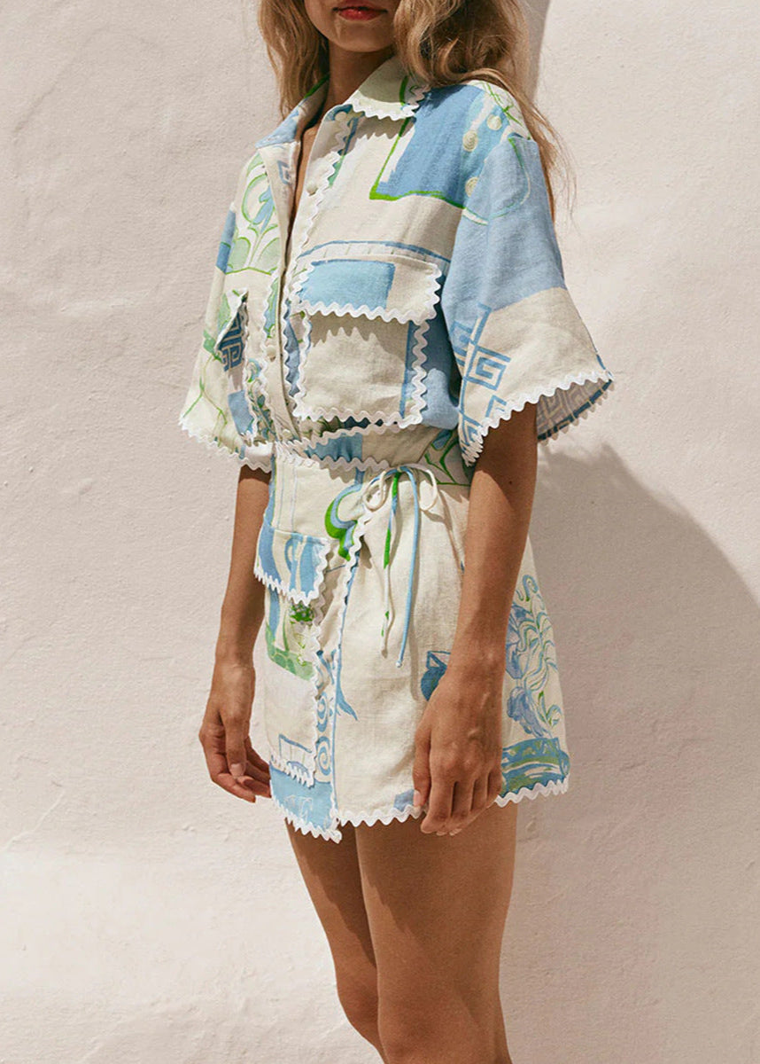 Santorini Sketch - Linen Shirt and Skirt Set