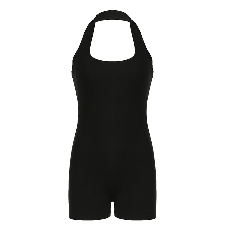 Mono deportivo de calle de verano para fitness, estilo halter, de color liso, ajustado, sexy, informal, sin mangas, pantalones cortos
