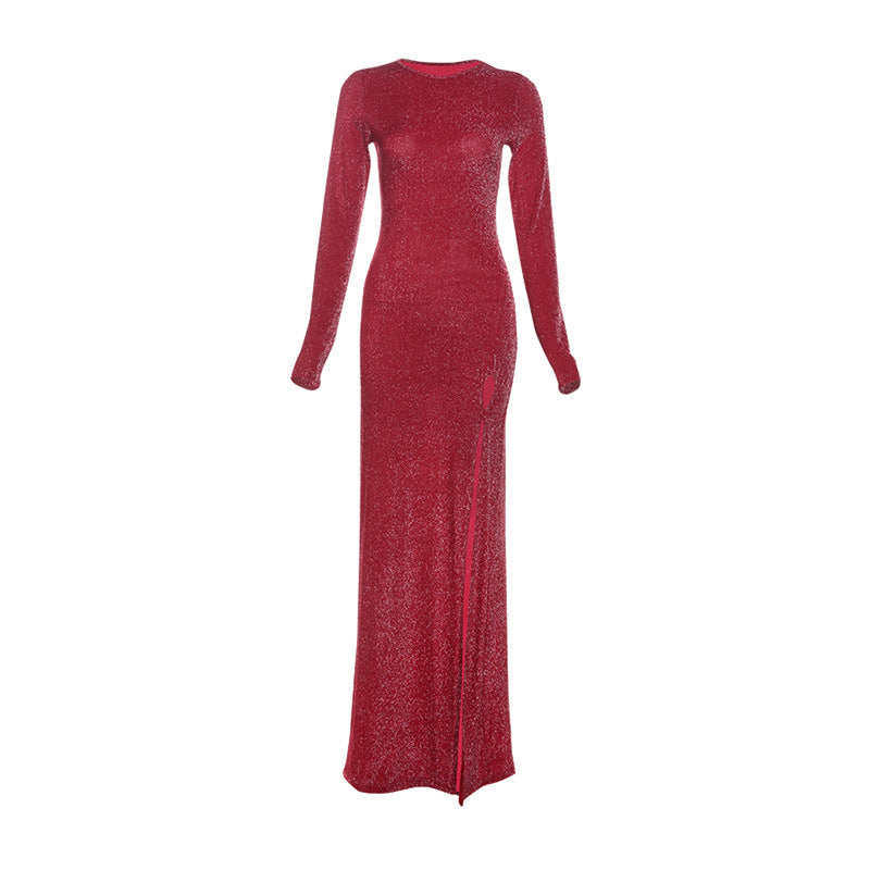 Ropa de invierno para mujer, vestido elegante de cuello redondo, ajustado, sexy, con abertura y manga larga.