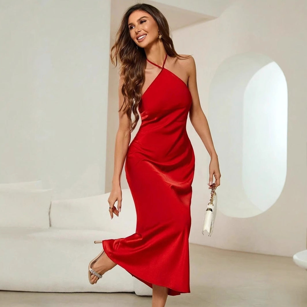 Vestido sexy para mujer, vestido de noche de primavera y otoño, vestido largo con tirantes de satén