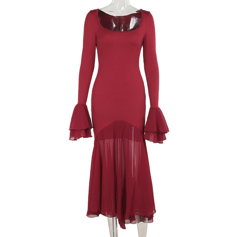 Vestido elegante de otoño de estilo socialité, sexy, ajustado, con dobladillo con volantes y manga larga para mujer