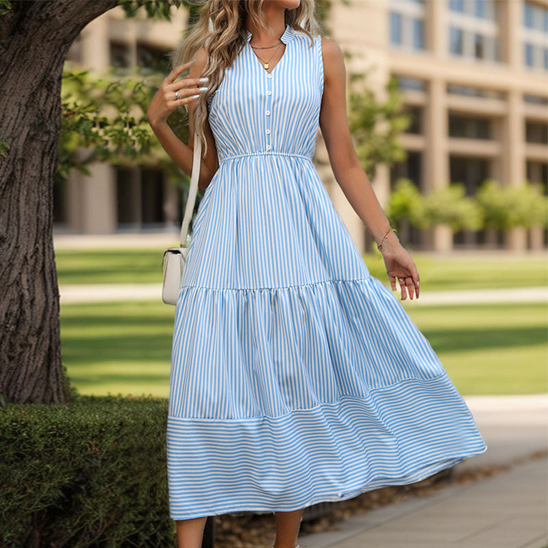 Vestido largo de verano para mujer, sin mangas, con rayas verticales