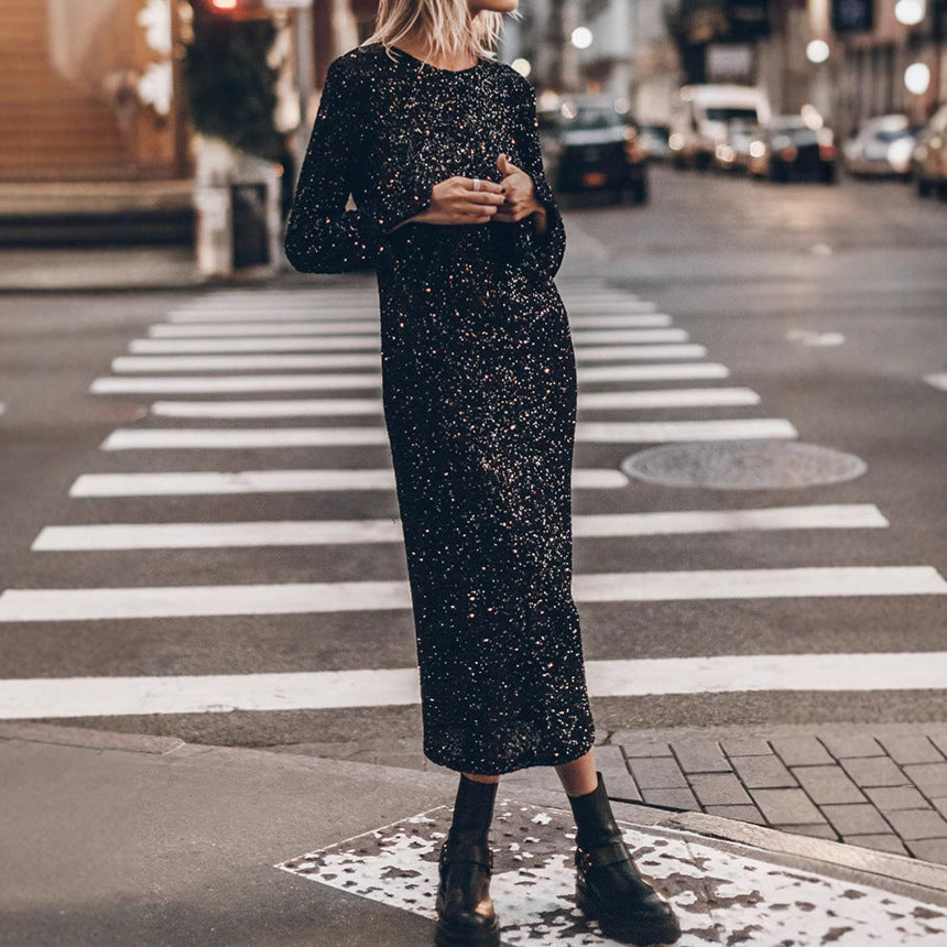 Simple Sequin Street Long Sleeve Dress Women