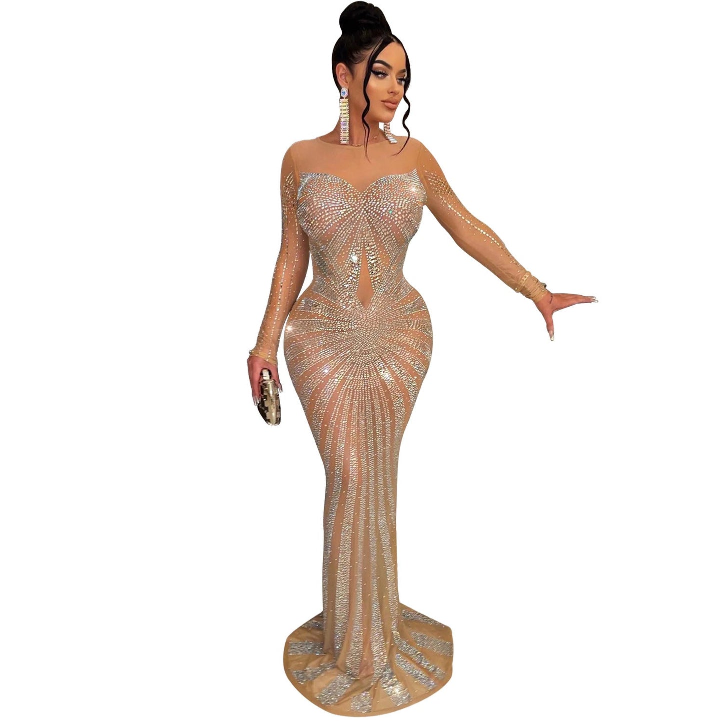 Vestido de manga larga con diamantes de imitación transparente de malla de color liso para mujer