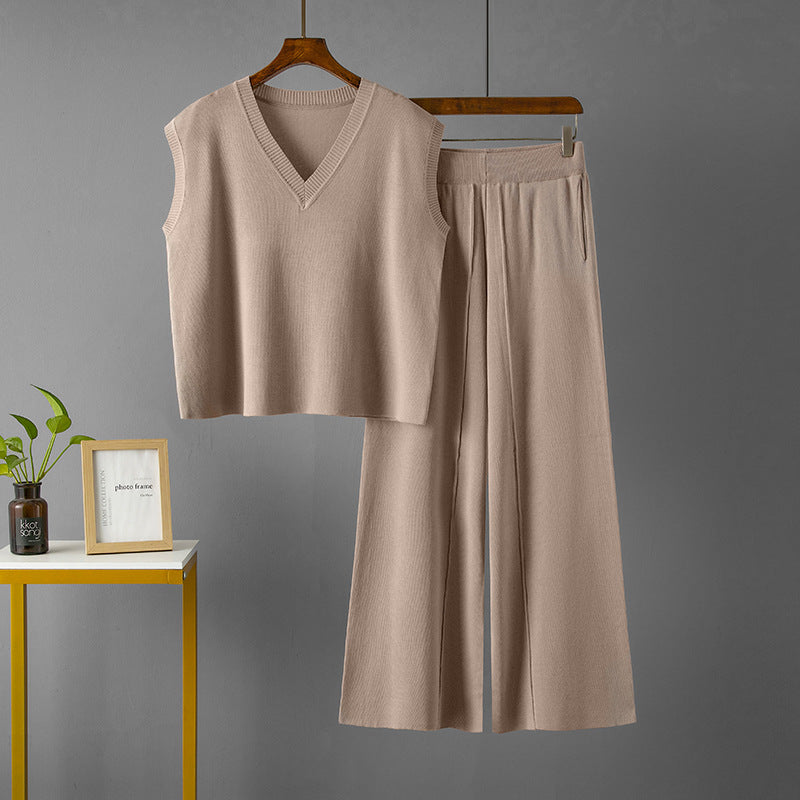 Traje de mujer con cuello en V, suelto, sin mangas, de punto, chaleco, top de cintura alta, suelto, adelgazante, informal, con abertura, pantalones de pierna ancha