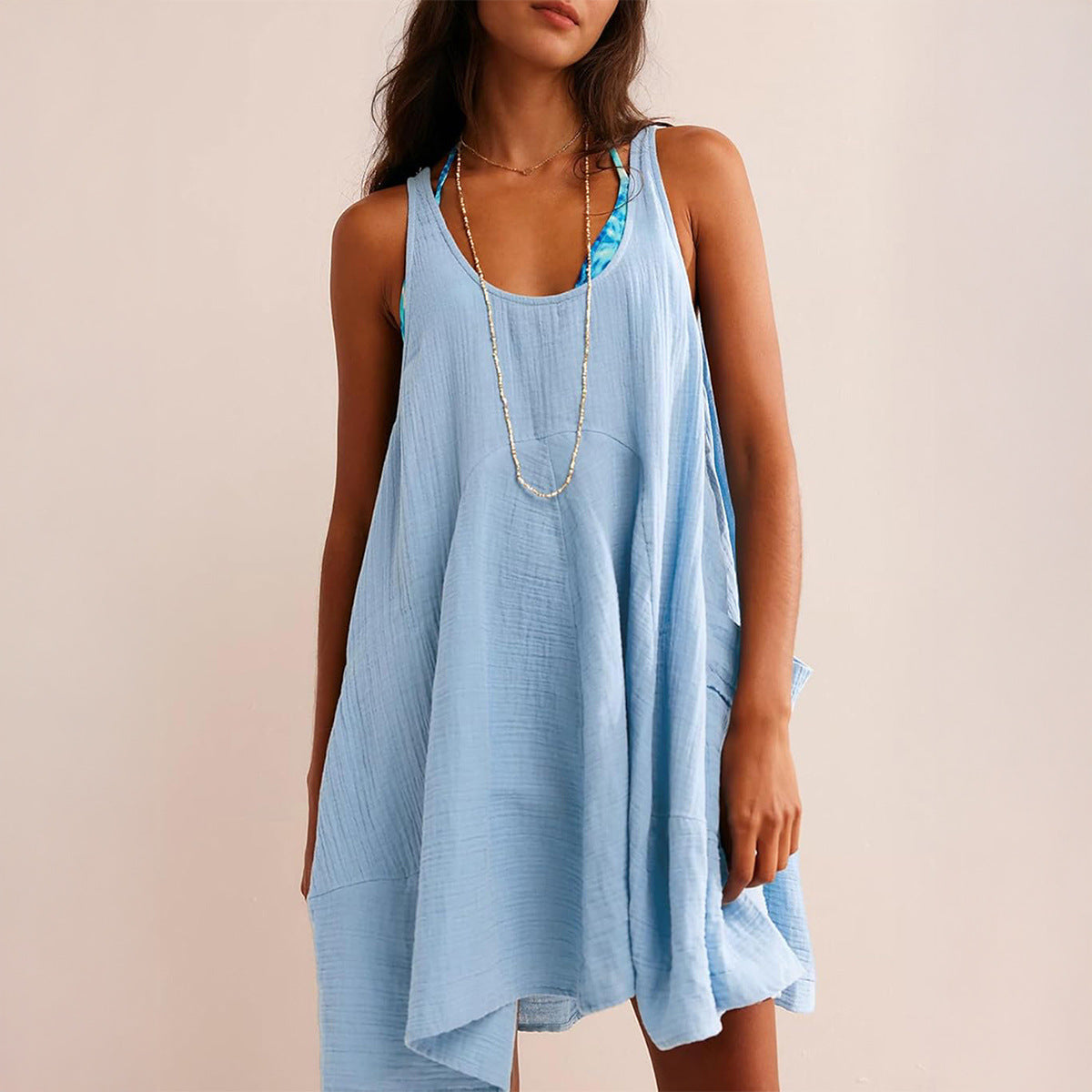 Spring Summer Casual Vacation Solid Color Patchwork Pocket Vest Dress Women Clothing