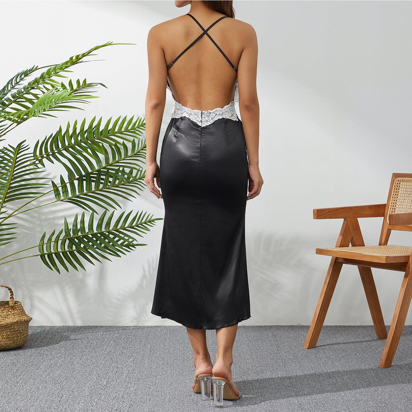 Vestido de noche ajustado para mujer, vestido largo de encaje con espalda descubierta y tirantes sexy.