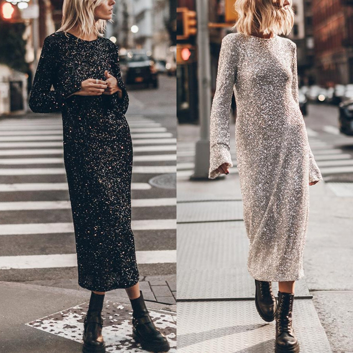 Simple Sequin Street Long Sleeve Dress Women