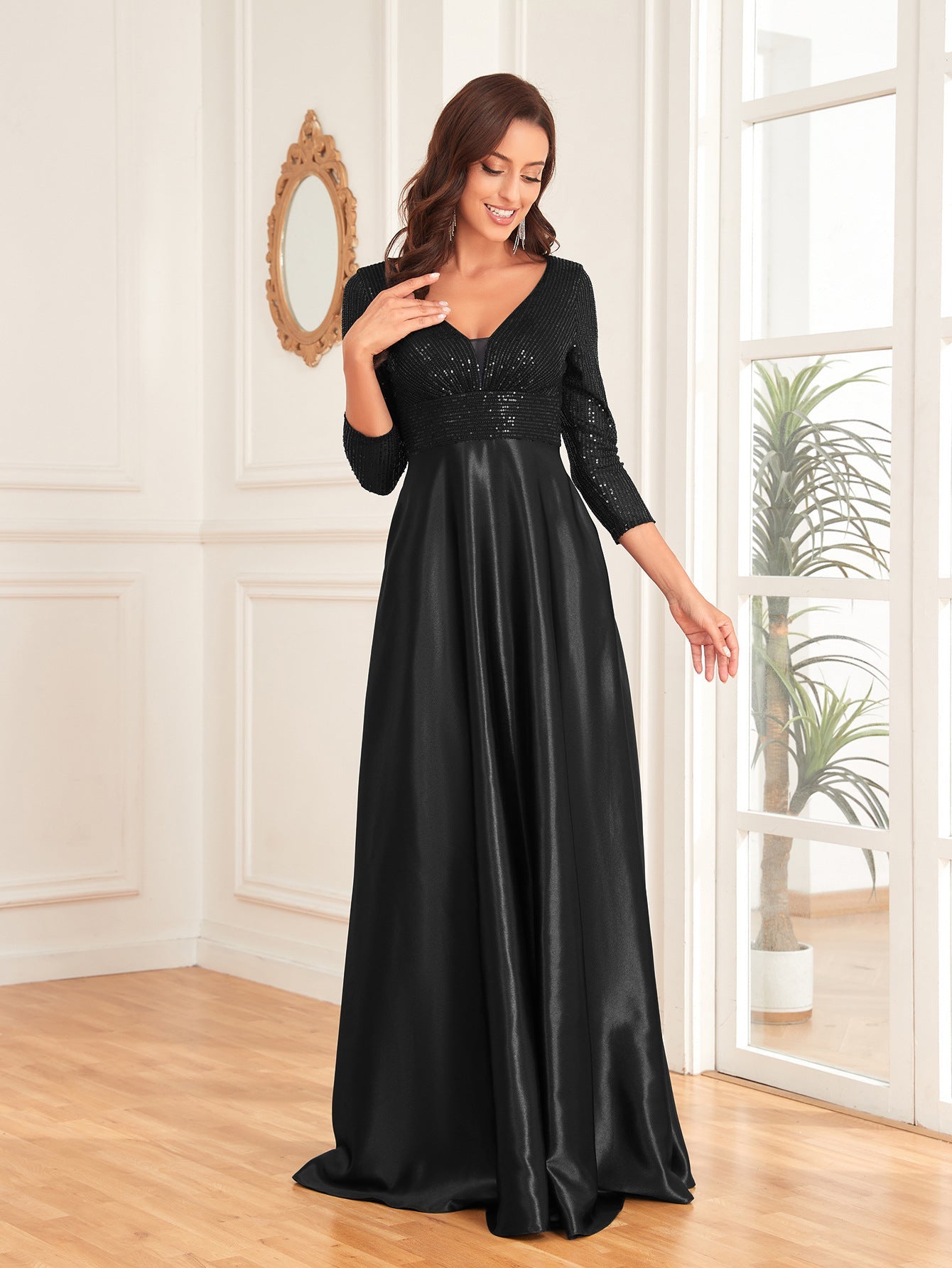 Vestido de satén con escote en V y mangas largas, color azul, con lentejuelas, corte en A, para dama de honor, cóctel y noche.