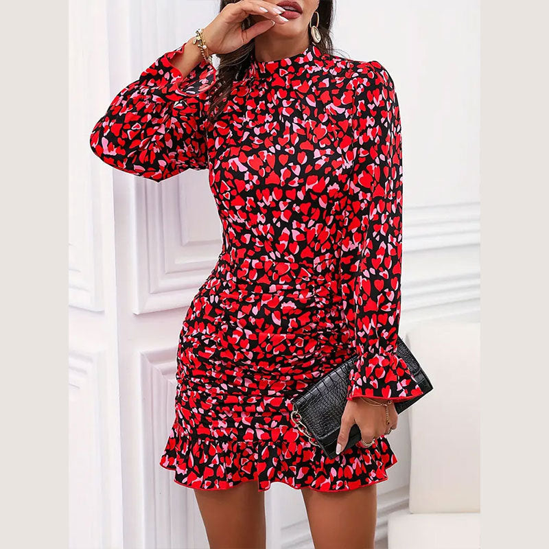 Vestido elegante de verano con estampado de volantes, manga larga, cuello alto y volantes en la cadera