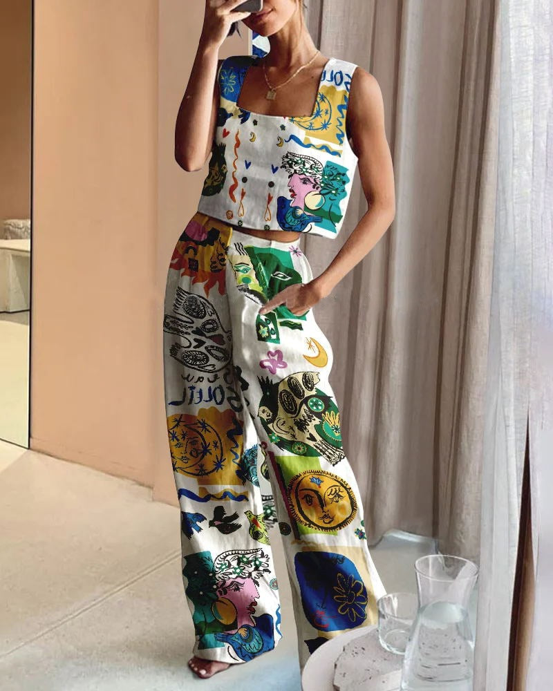 Conjunto de dos piezas informal con pantalones anchos estampados y chaleco para mujer