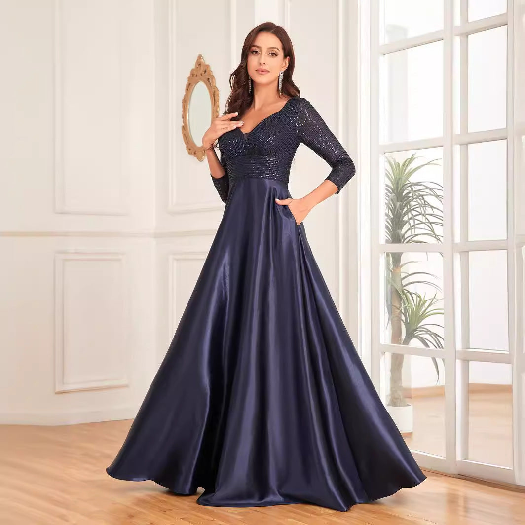 Vestido de satén con escote en V y mangas largas, color azul, con lentejuelas, corte en A, para dama de honor, cóctel y noche.