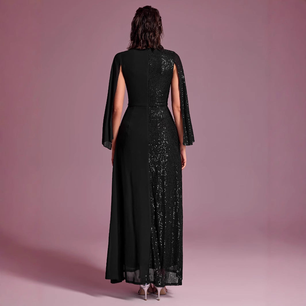 Vestido de noche de fiesta para mujer, con lentejuelas, escote en V, abertura y manga larga