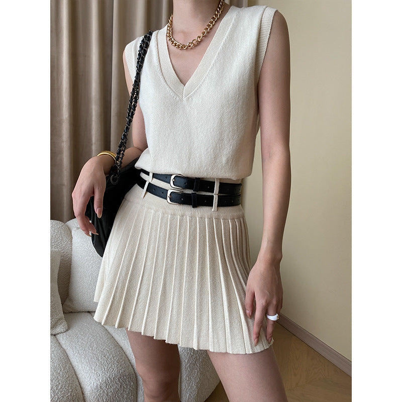Traje de dos piezas con falda plisada y chaleco de punto de alta calidad de otoño a la moda