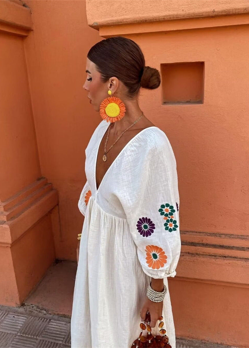 Solana Embroidered Maxi Dress – Boho Open-Back with Balloon Sleeves