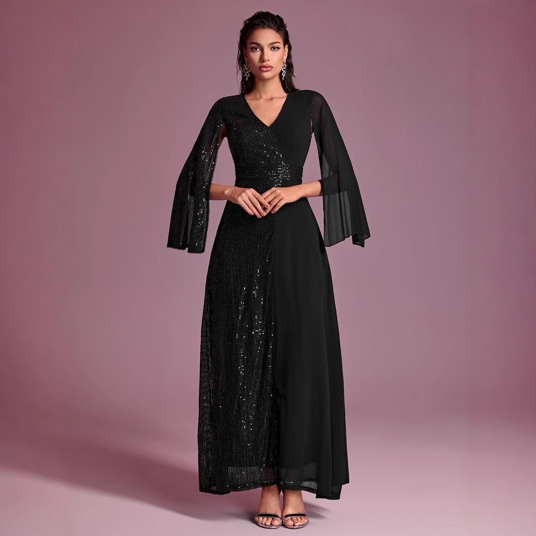 Vestido de noche de fiesta para mujer, con lentejuelas, escote en V, abertura y manga larga