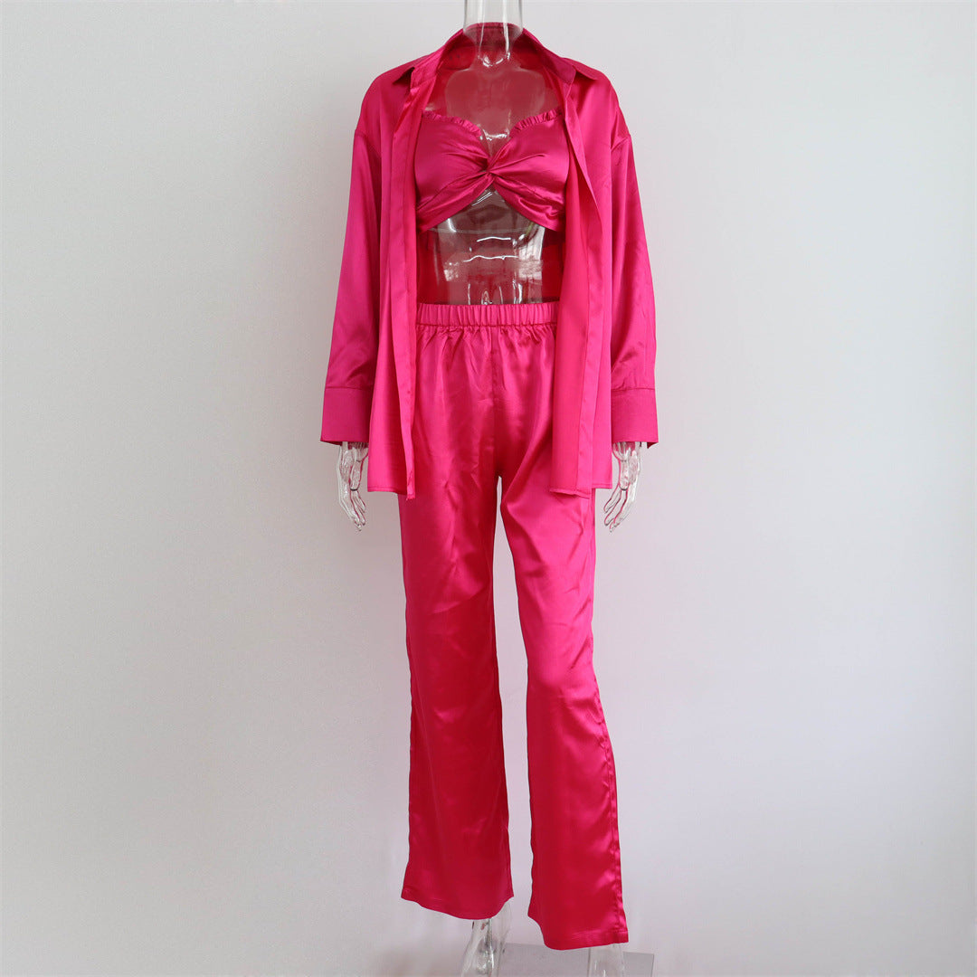 Conjunto informal de tres piezas de satén para mujer, primavera y otoño, chaleco con pecho envuelto de satén, camisa y pantalones casuales
