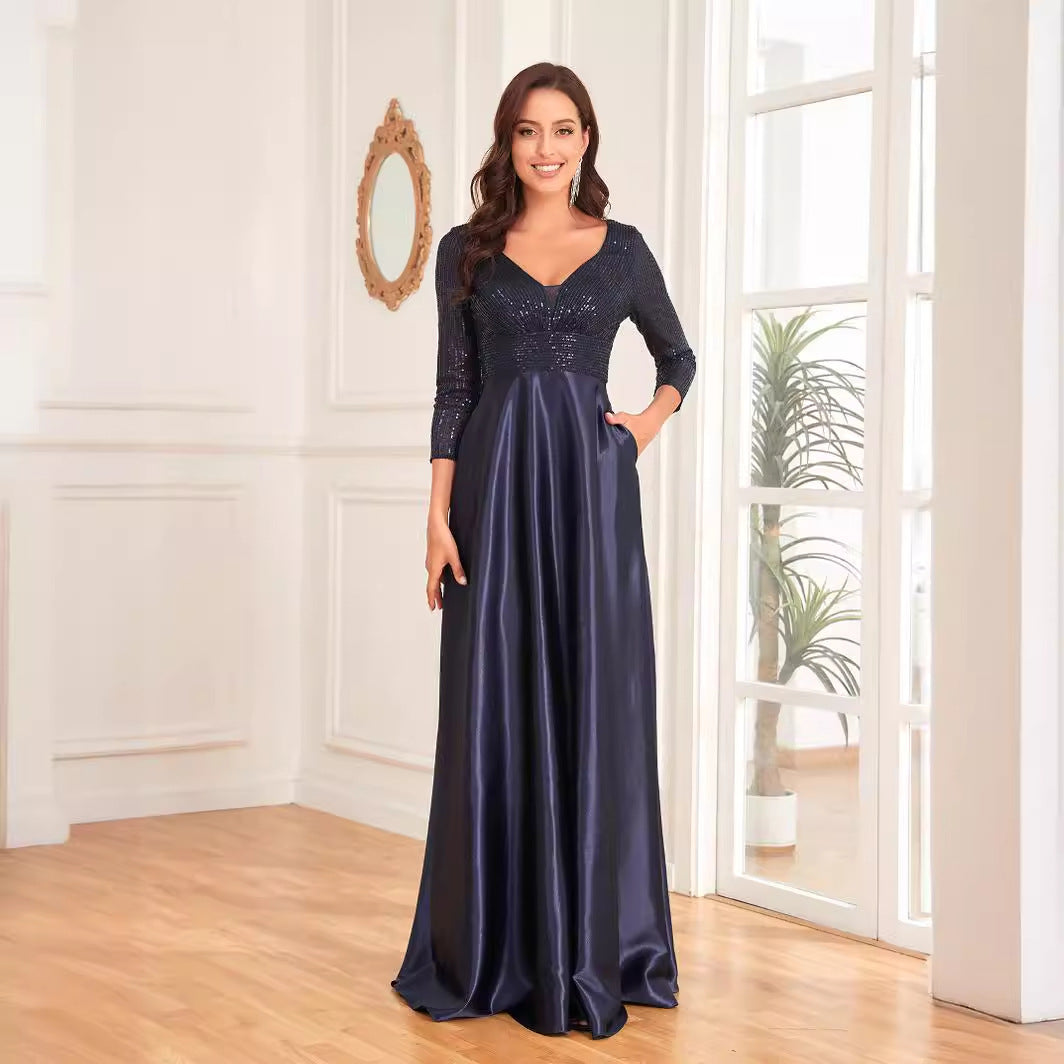 Vestido de satén con escote en V y mangas largas, color azul, con lentejuelas, corte en A, para dama de honor, cóctel y noche.
