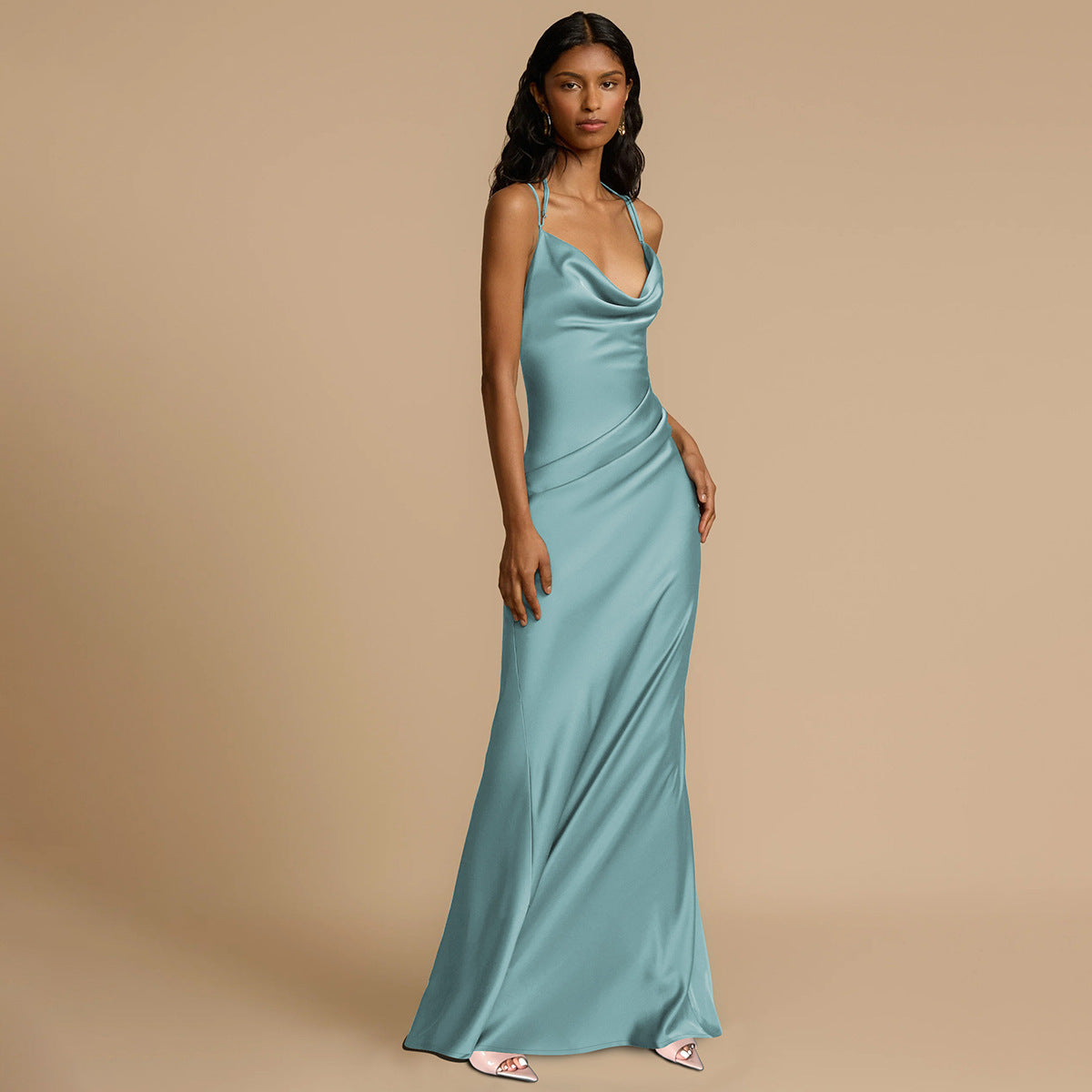 Vestido de noche sexy de primavera y verano para mujer, sin espalda, color liso, con cuello halter