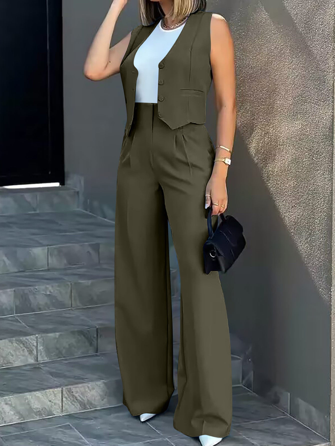 Women Vest Jacket Wide Leg Pants Casual Set