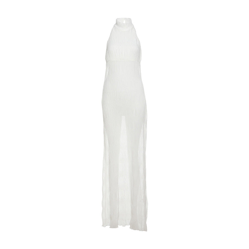 Vestido de primavera para mujer, sexy, sin espalda, plisado, con volantes y sin mangas