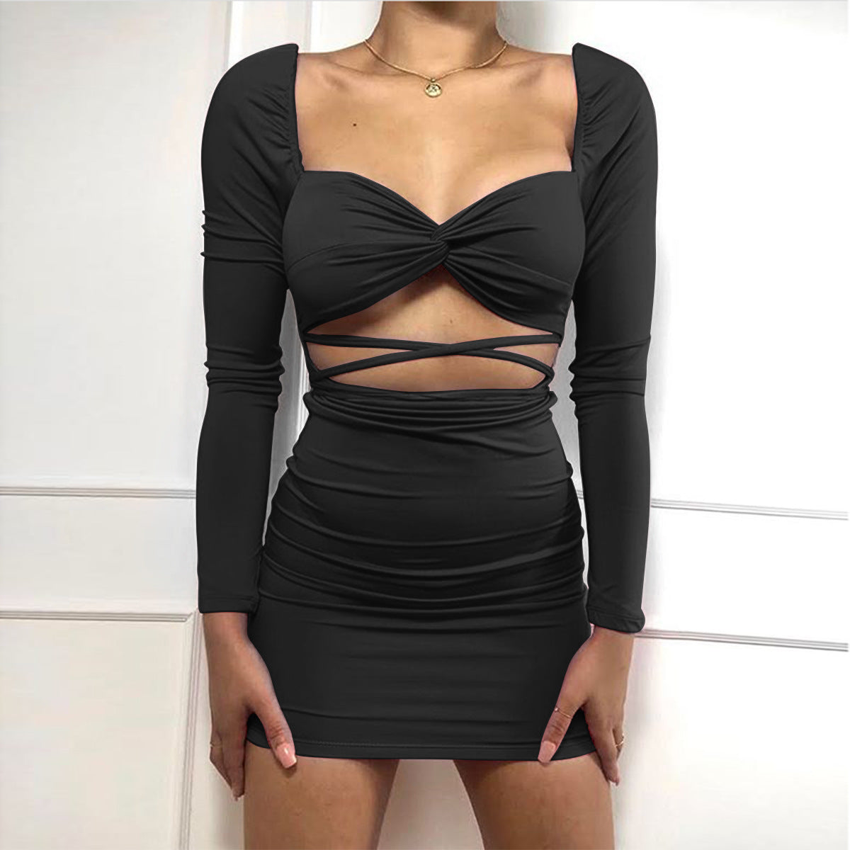 Vestido de otoño-invierno de manga larga con aberturas y escote bajo sexy sin espalda corto