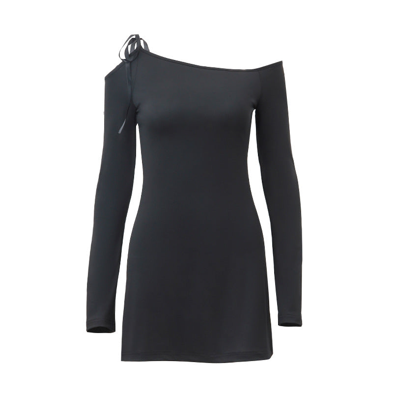 Vestido de otoño para mujer, sexy, con cuello diagonal, hombros descubiertos, elegante, con costuras anudadas y manga larga.