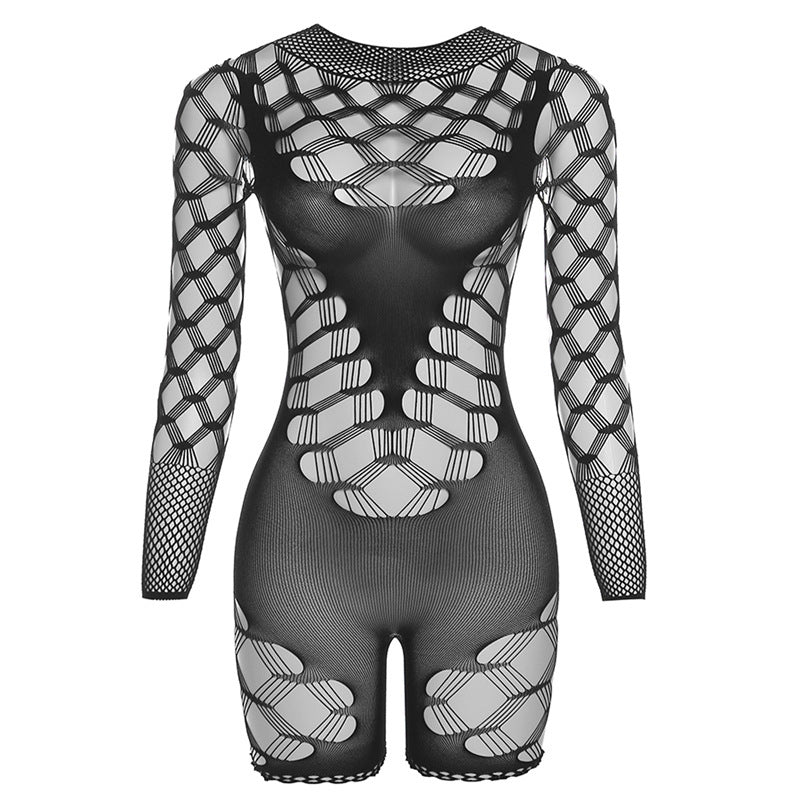 Mono ajustado de malla con mangas largas y cintura alta transparente para mujer