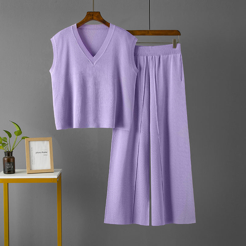 Traje de mujer con cuello en V, suelto, sin mangas, de punto, chaleco, top de cintura alta, suelto, adelgazante, informal, con abertura, pantalones de pierna ancha