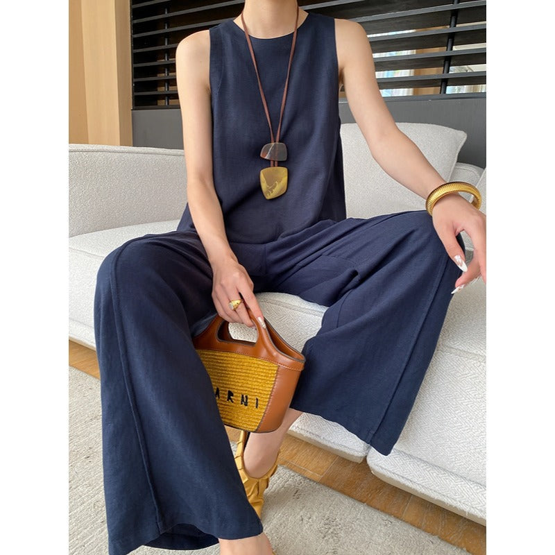 Traje informal de dos piezas con pantalones anchos y chaleco de lino de tencel de tacto holgado de verano