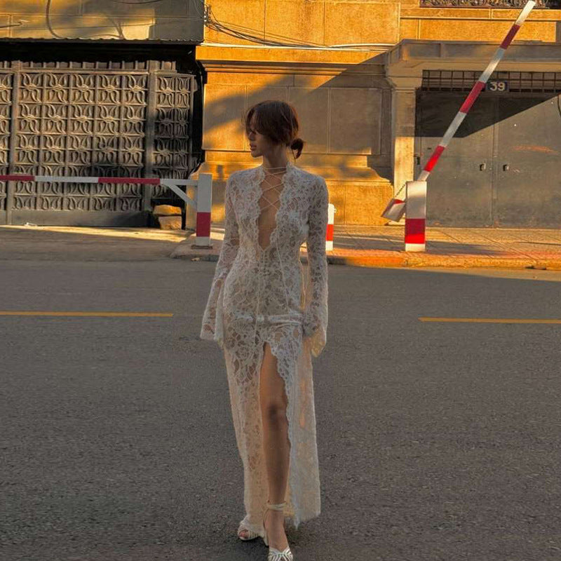 Vestido de otoño-invierno para mujer, sexy, de encaje, con escote en V profundo, abertura con cordones, ajustado, de manga larga