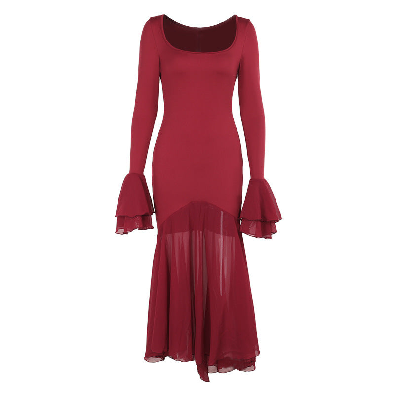Vestido elegante de otoño de estilo socialité, sexy, ajustado, con dobladillo con volantes y manga larga para mujer
