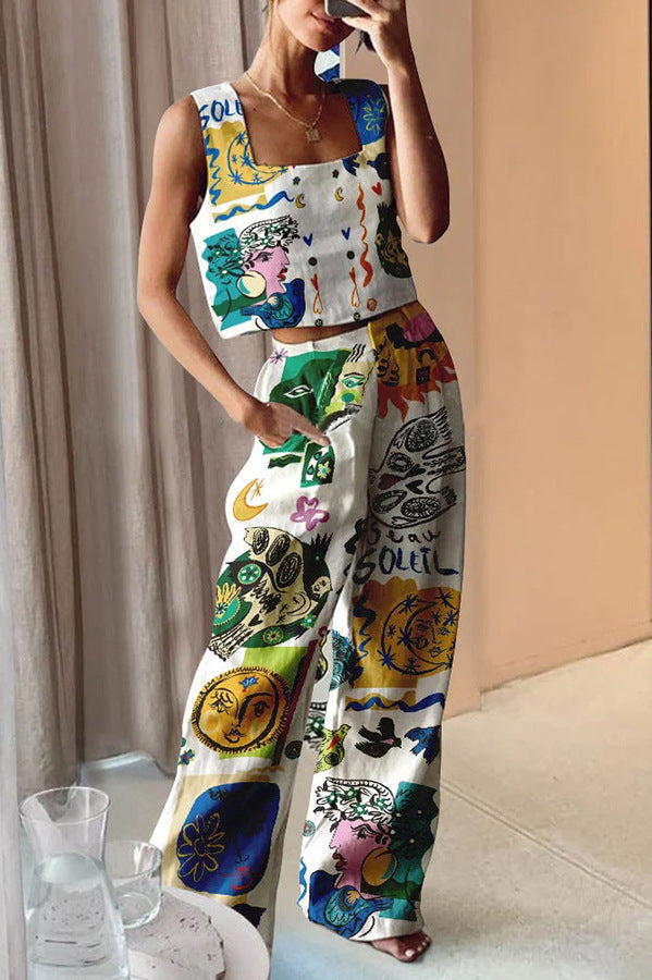 Conjunto de dos piezas informal con pantalones anchos estampados y chaleco para mujer