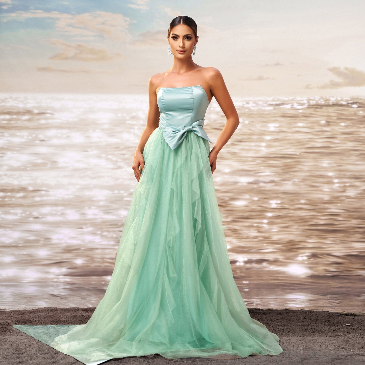 Vestido de noche de gasa con dobladillo ancho y cintura estrecha sin mangas para mujer