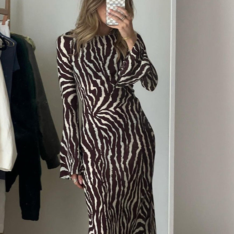 Striped Printing Loose Dress Casual round Neck Long Sleeve Dress Women Autumn Winter