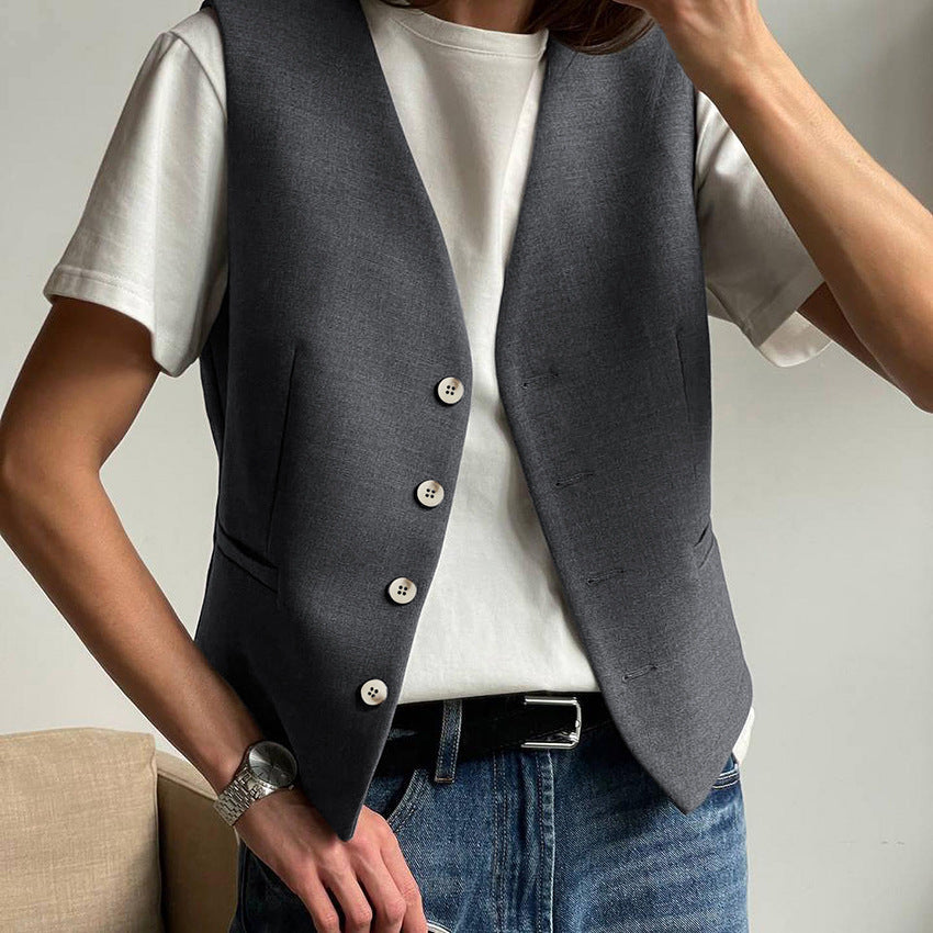 Chaleco sin mangas gris minimalista neutro de verano para mujer, conjunto de dos piezas a juego