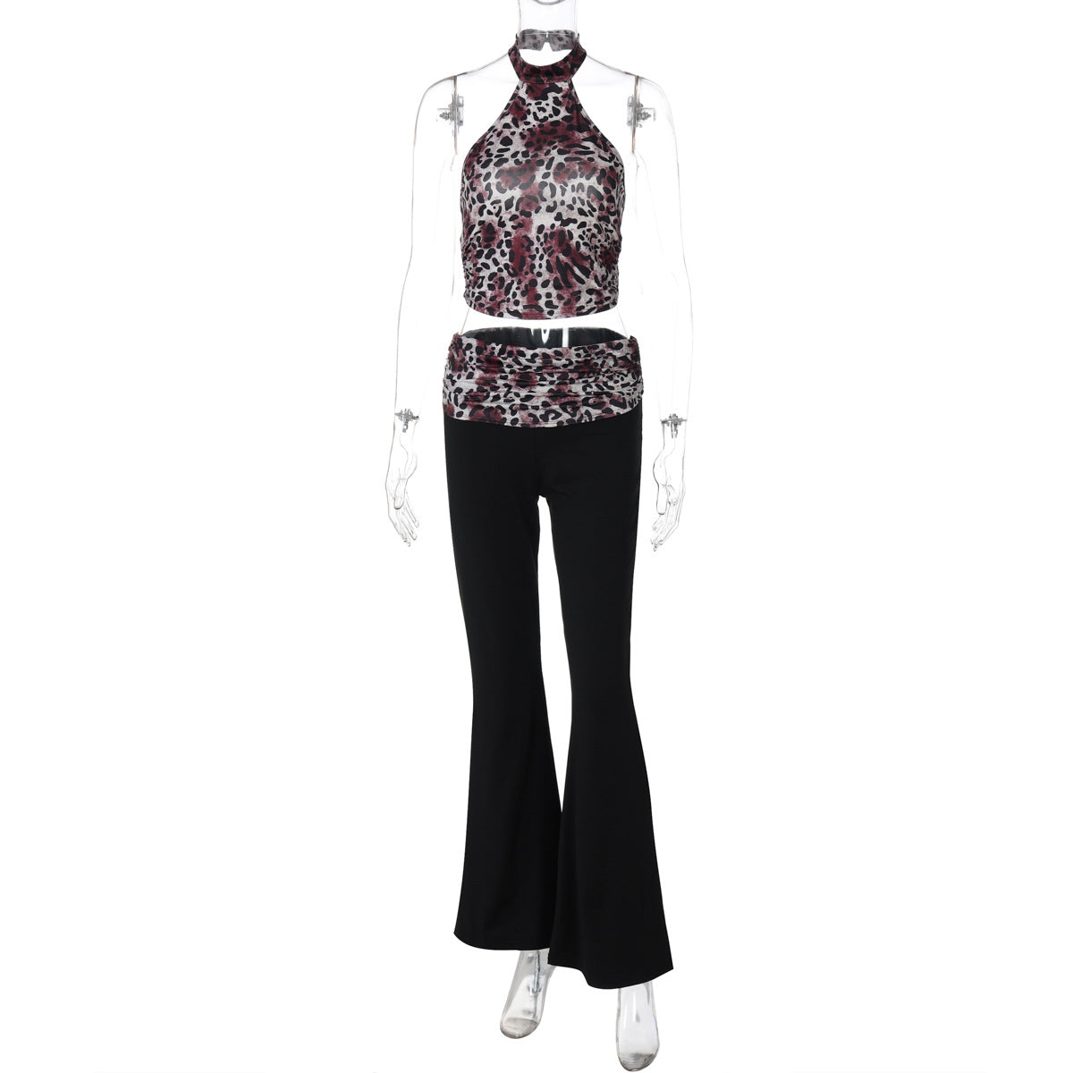 Conjunto de dos piezas formado por chaleco y pantalón acampanado, sin mangas, estampado de leopardo y verano para mujer