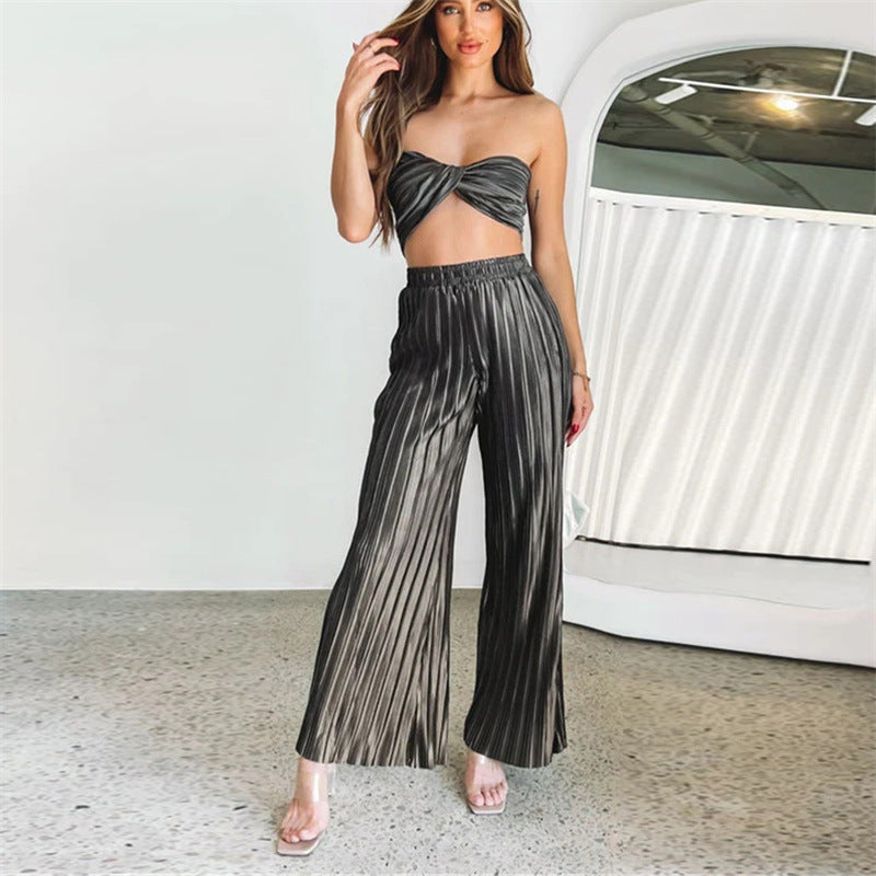 Traje sexy plisado de primavera y verano para mujer, chaleco ajustable sin mangas, pantalones casuales, conjunto de dos piezas para mujer