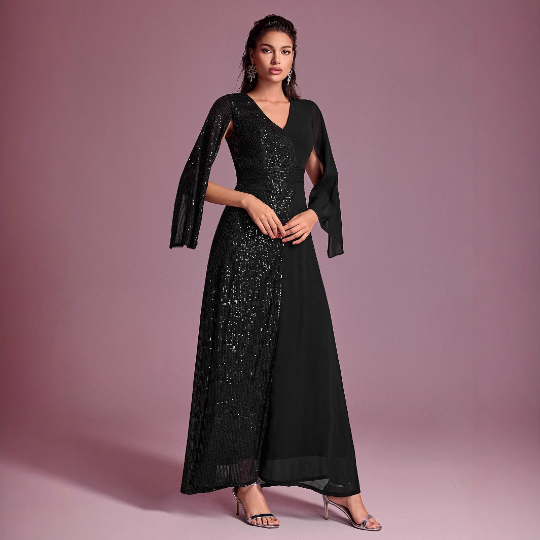 Vestido de noche de fiesta para mujer, con lentejuelas, escote en V, abertura y manga larga