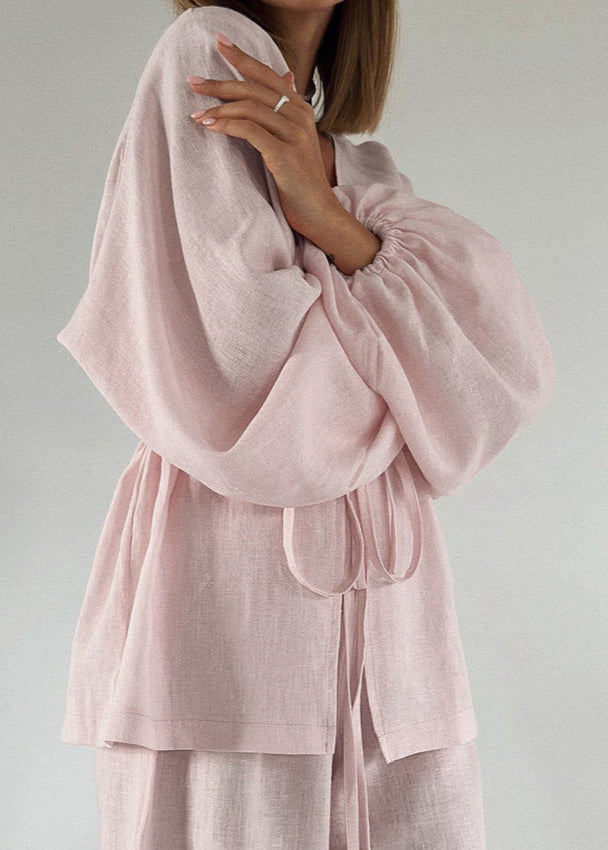 Rose Drift - Linen Two-Piece Set with Bell Sleeves
